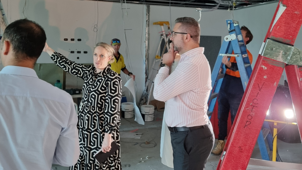 Construction underway at Level 3, 100 Brooke Street, Fortitude Valley. Pictured: Beck Cullen, Project lead for Geyer and Valmont with Norbert Miklos, COO for Cornerstone Medical Recruitment.