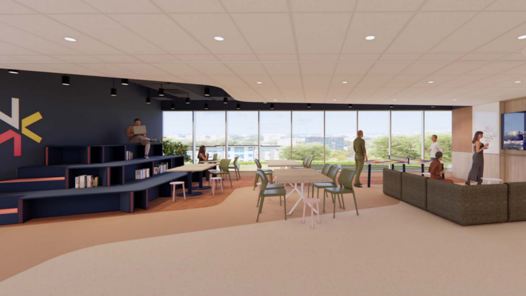 Beyond the reception area, the tall hall emerges as a dynamic multipurpose space, accommodating a myriad of activities from meetings and events to training sessions, with seating for up to 70 people. Pictured: Artist's Impression.