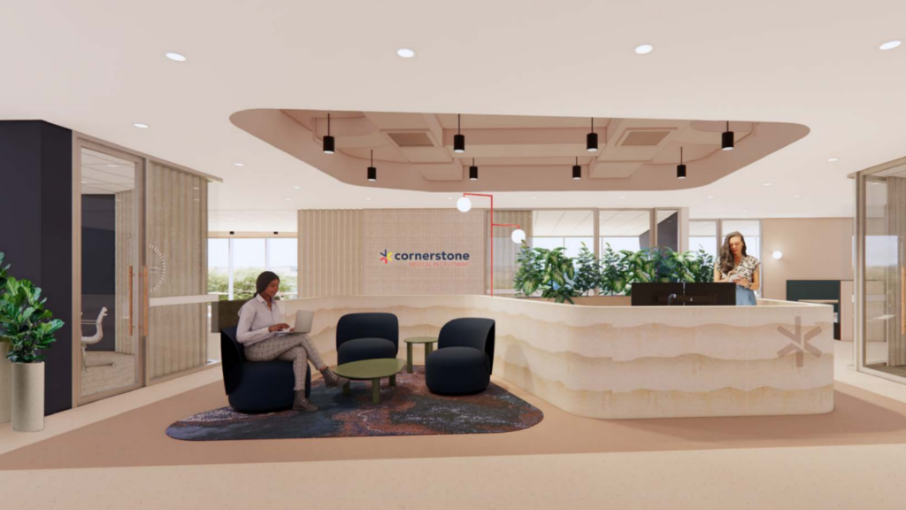 Artist's Impression of the future of work, new reception area to welcome visitors at the refurbished headquarters of Cornerstone Medical Recruitment.